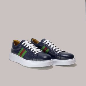 "Premium Italian blue leather sneakers with White Label options"