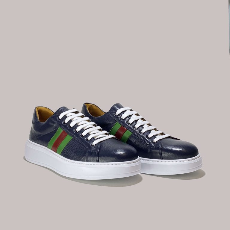 "Premium Italian blue leather sneakers with White Label options"