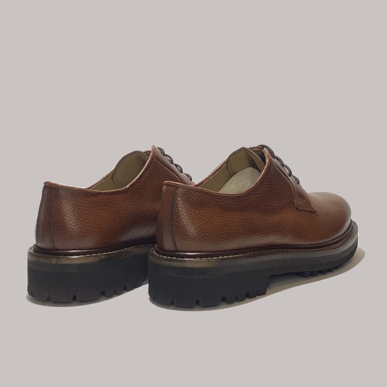 Top view of brown hammered calfskin leather shoes, ideal for modern retailers seeking quality footwear.