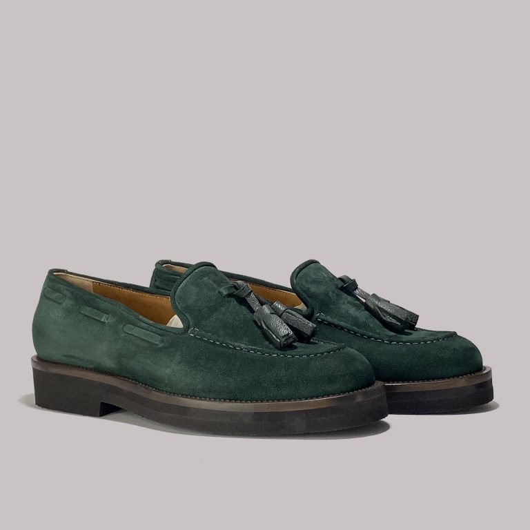 Italian green bottle suede loafers for B2B wholesale