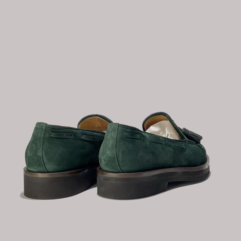 Artisanal green suede loafers from Italy for B2B market