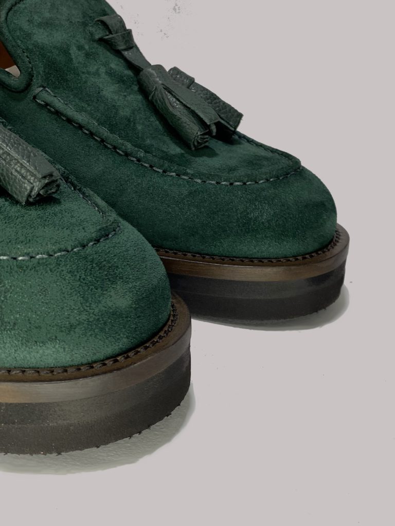Artisanal green suede loafers from Italy for B2B market