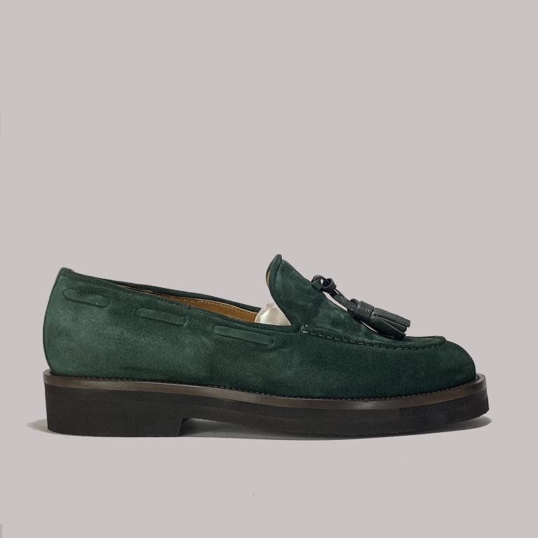 Italian green bottle suede loafers for B2B wholesale