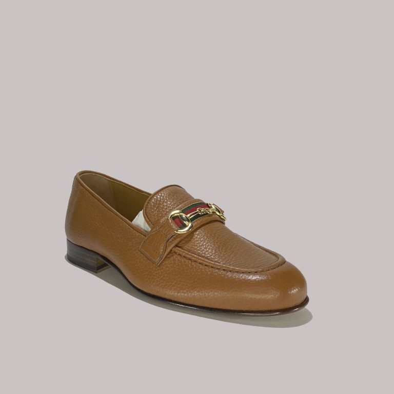 Premium brown deer leather Italian bit loafers with leather sole, Made in Italy