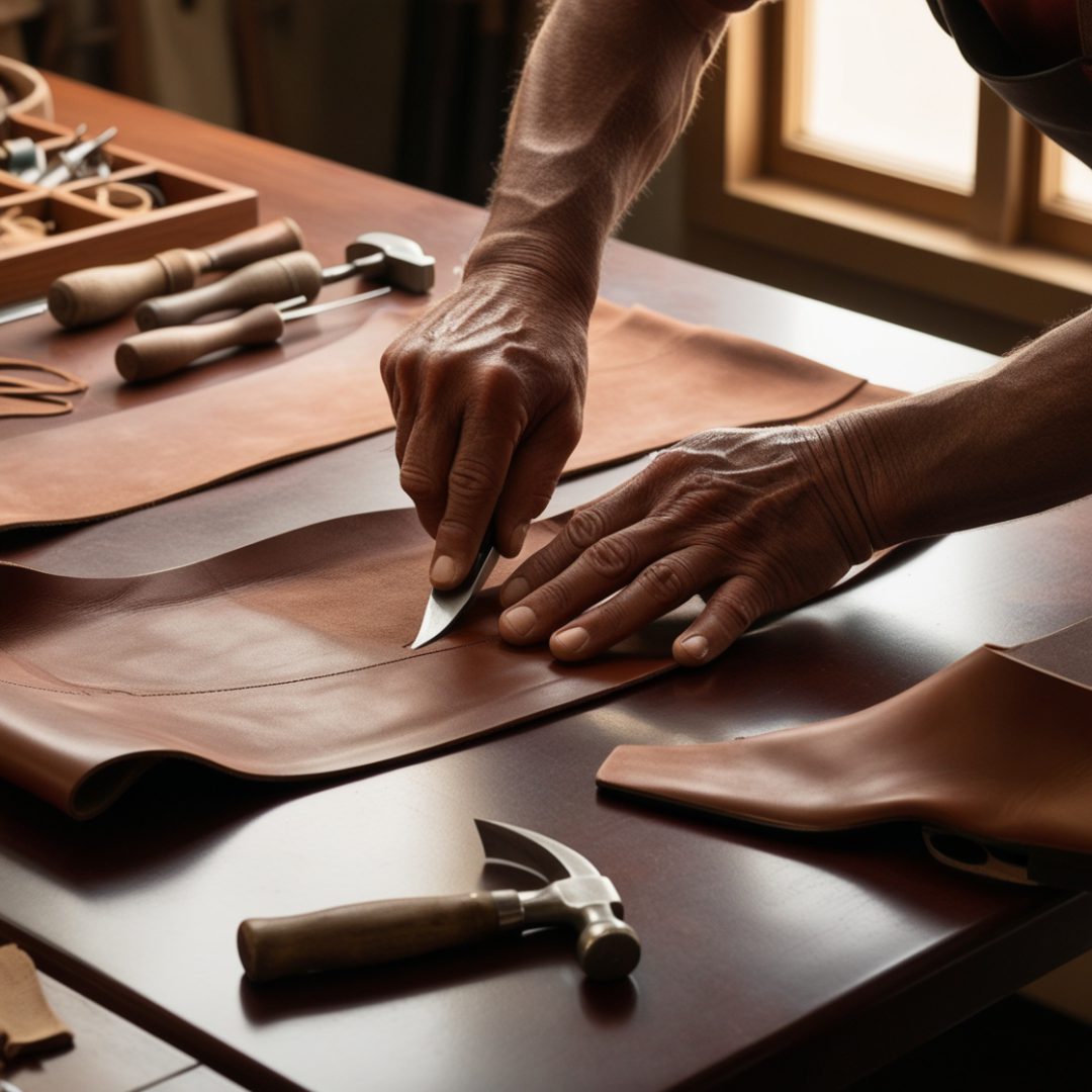 Shoe artisan cutting leather in the NGm shoe factory of Naisni Giorgio