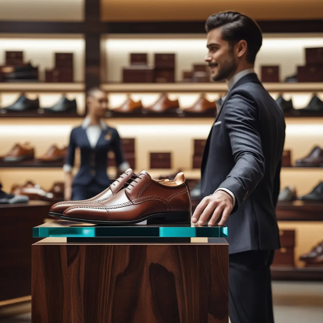 man that sell a luxury shoe. the shoes are made in Italy