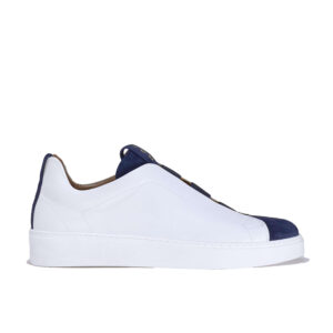 Italian leather sneakers in White calf leather and blue suede | model: “SIROLO”
