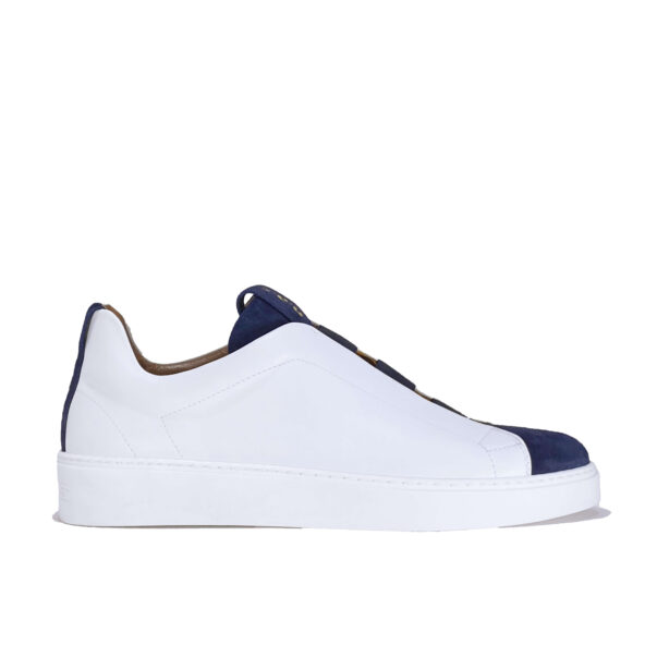 Italian leather sneakers in White calf leather and blue suede | model: “SIROLO”